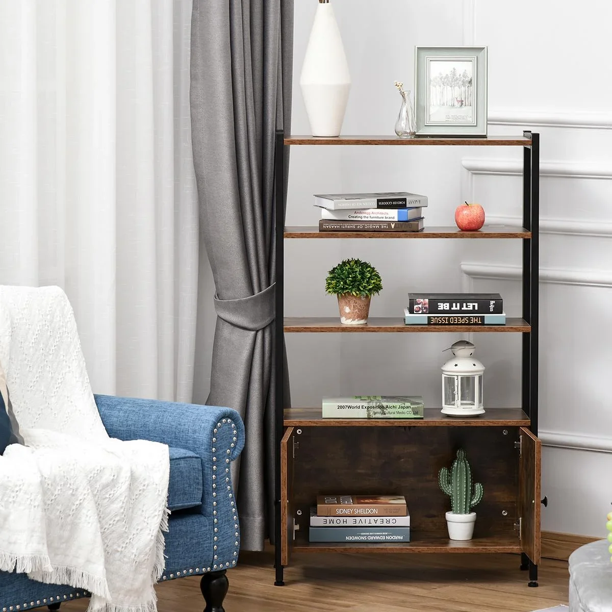 Bücherregal mit Schrank Büroregal Standregal Industrial Home-Office Wohnzimmer Arbeitszimmer Metall Spanplatte Braun 70 - 2