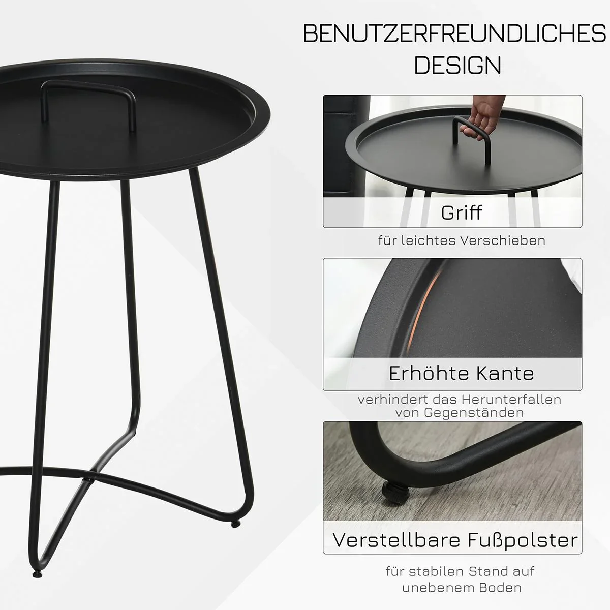 Beistelltisch für Garten Couchtisch Kaffeetisch mit Tragegriff Wohnzimmer Metall Schwarz Ø46 x 56H cm - 1