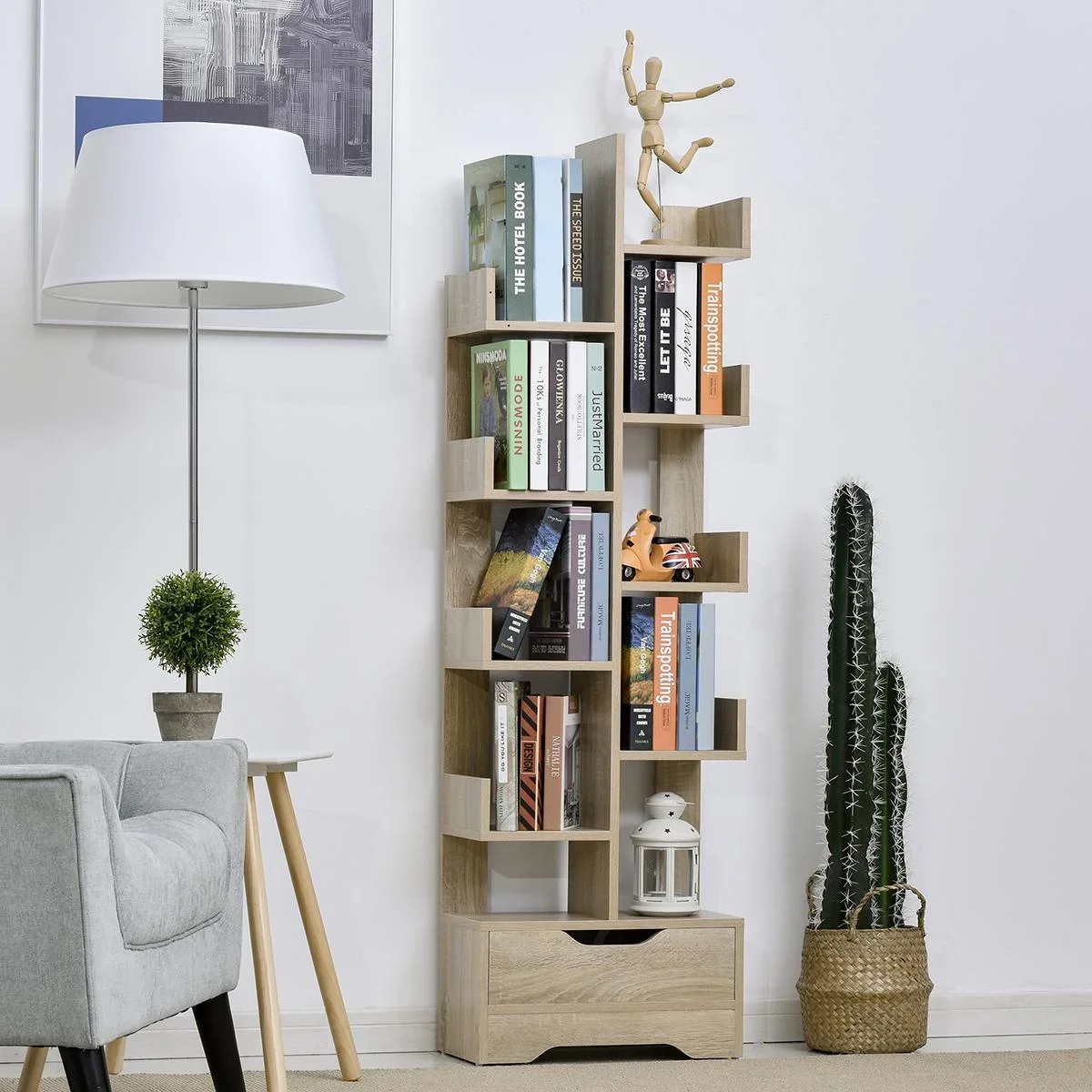 Bücherregal mit 10 Fächer und Schublade, Standregal, Eckbücherregal, E1 Spanplatte, 46 x 20 x 151 cm - 2