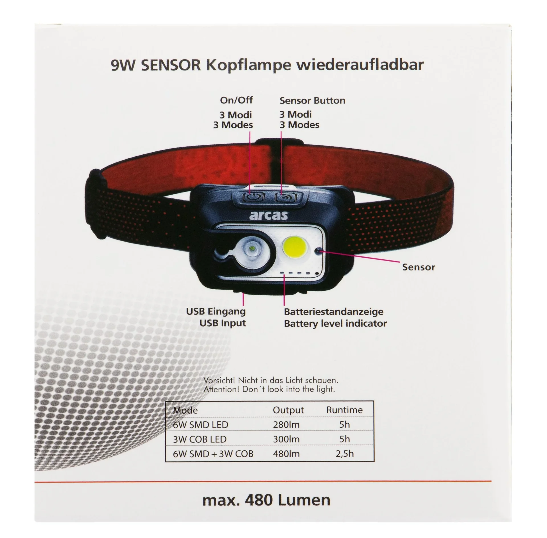 LED Kopflampe mit 6 Watt XPG-LED und 3 Watt COB-LED, 480 Lumen - 1