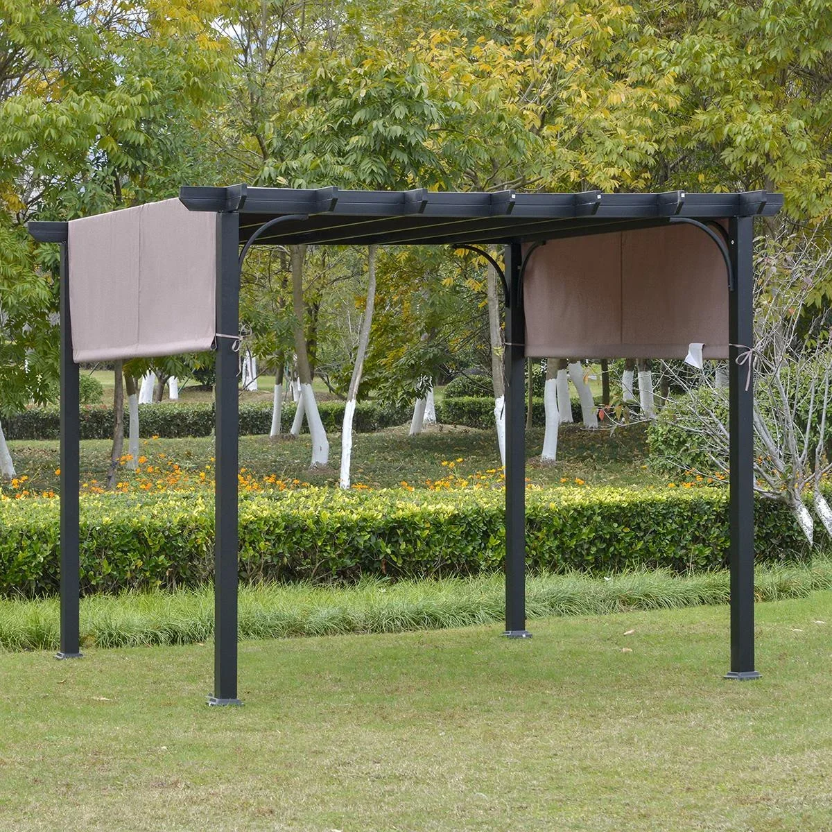 Pavillon 3x3m Pergola mit einstellbarem Stoffdach UV+ Überdachung Wasserfest Sonnenschutz Polyester Stahl Braun+Schwarz - 0