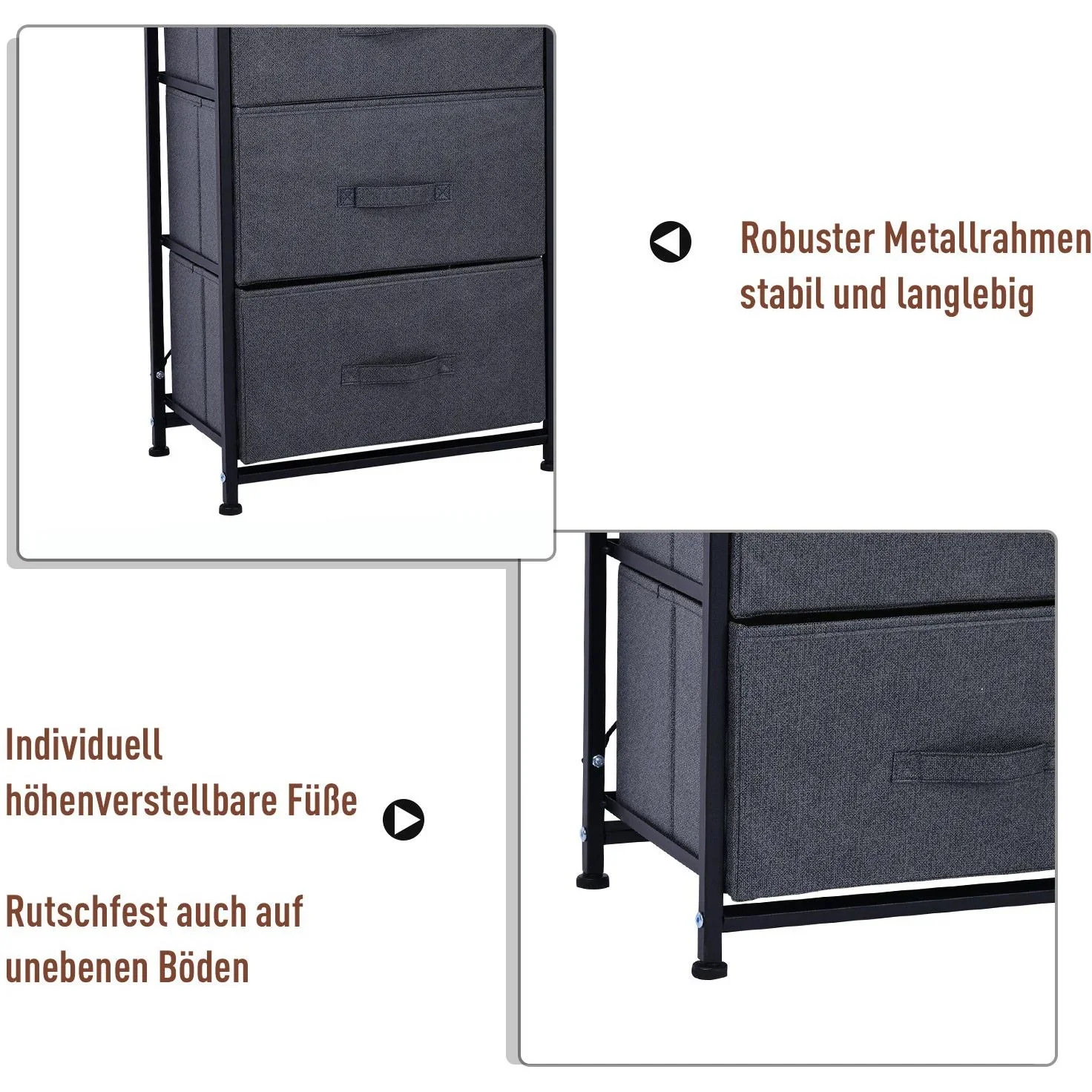 Schubladenschrank Aufbewahrungsschrank mit 4 faltbaren Stoffschubladen Metallgestell + Holz + Leinen Grau - 2