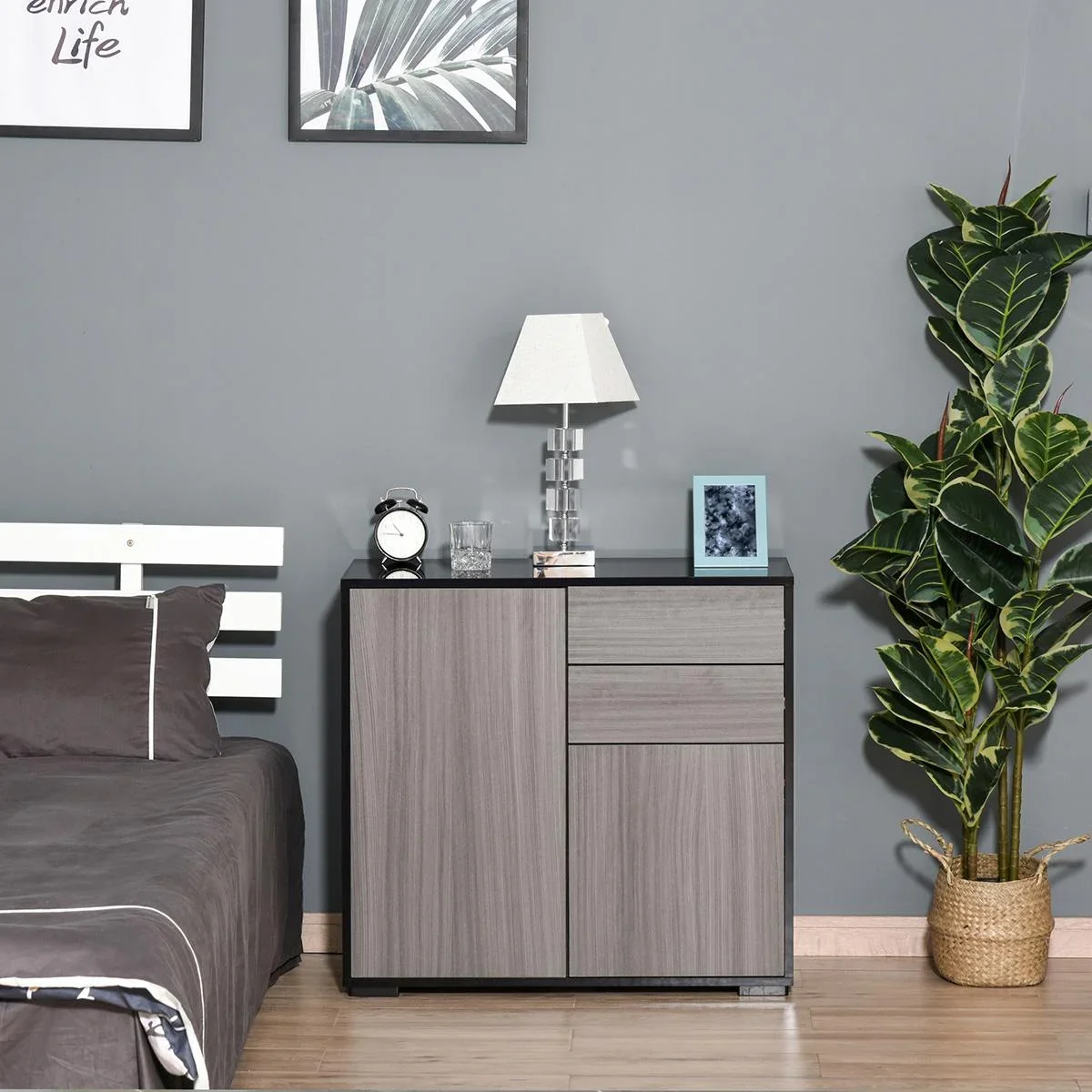 Standschrank Aufbewahrungsschrank Mehrzweckschrank Aktenschrank Kommode 2 Schublade 2 Türen E1 Spanplatte Schwarz+Grau - 0