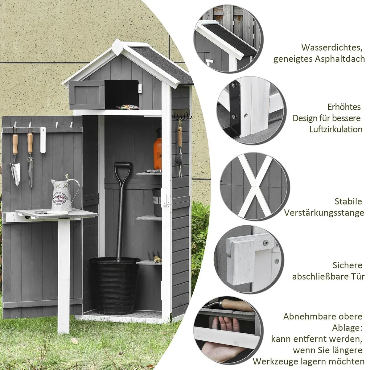 Gartenschrank Holz Gerätehaus mit Tür Dach Geräteschuppen mit Hacken Gartenlagerschrank faltbarer Tisch Outdoor Grau 78 - 0