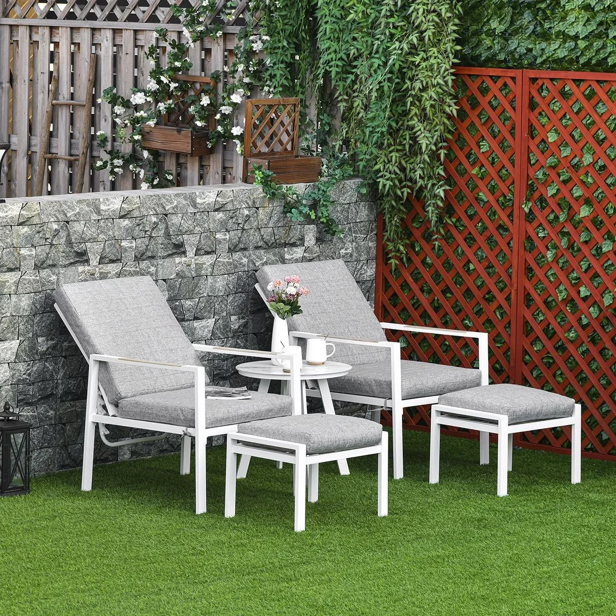 5-teiliges Gartenmöbel Set mit Rückenkissen Sitzkissen Balkonmöbel mit 3-stufig verstellbare Rücklehne Hartglas Aluminiu - 0