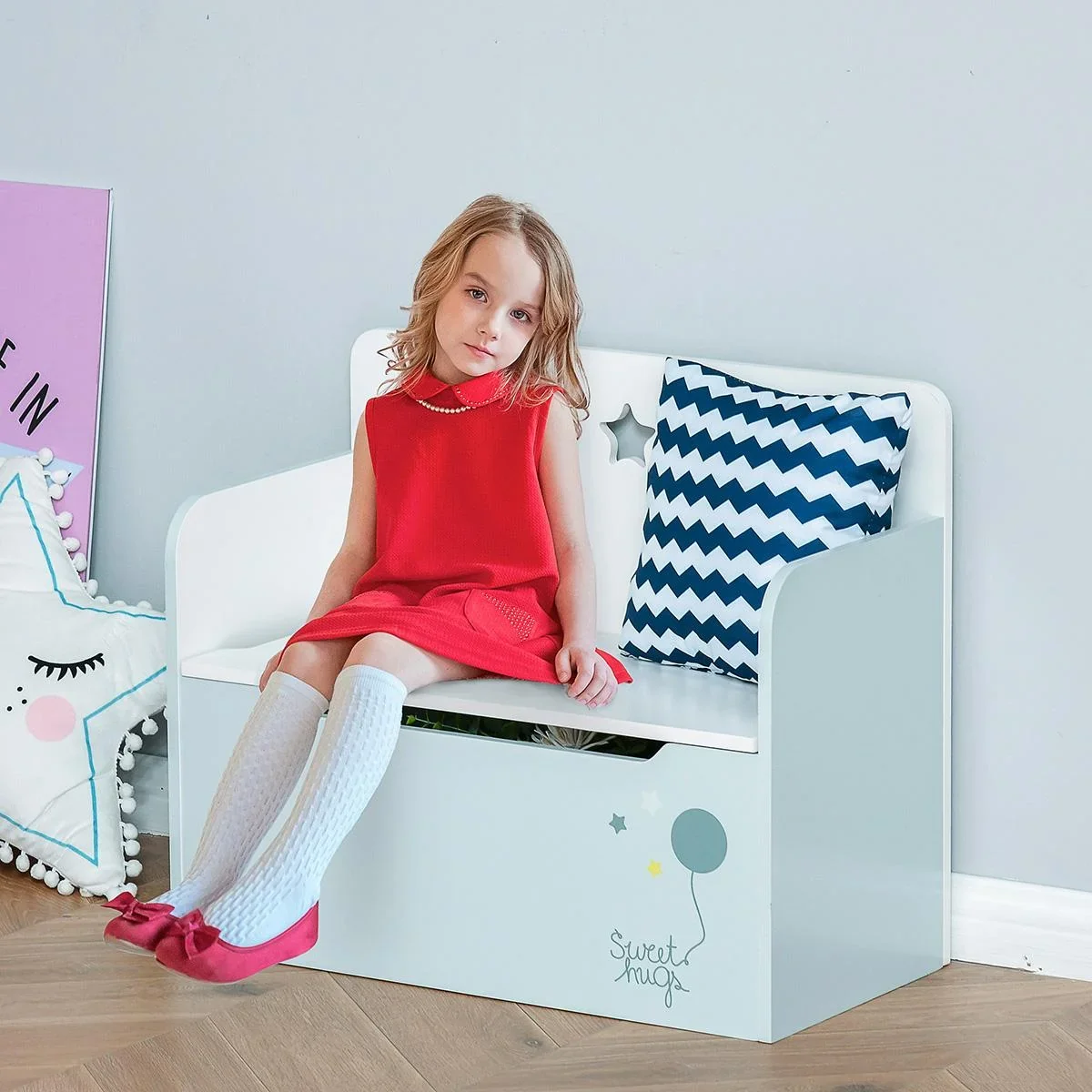 Kindersitzbank mit Stauraum 2-in-1 Truhenbank Spielzeugkiste Aufbewahrungstruhe 3-8 Jahre Kindermöbel Hellblau 60 x 30 x - 0