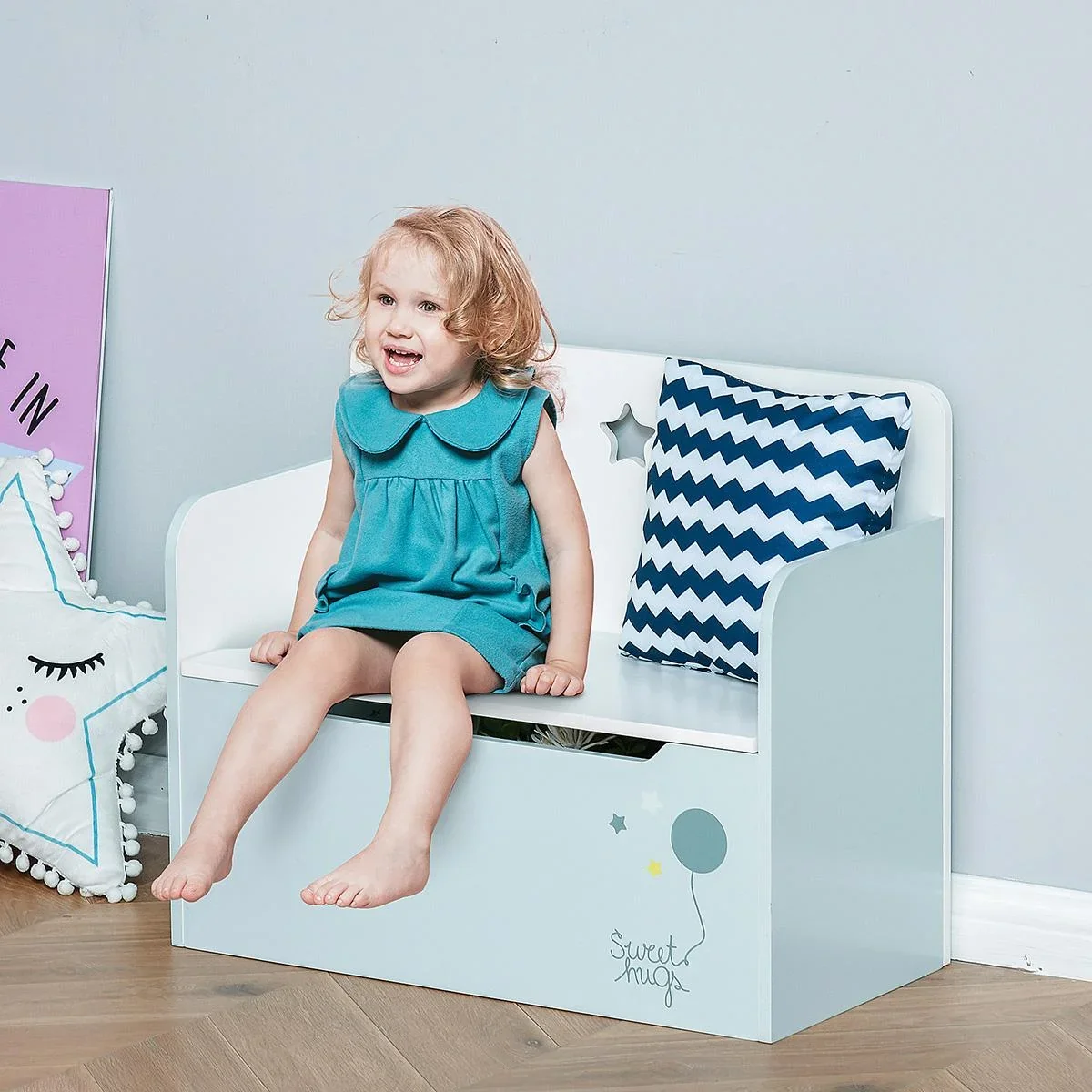 Kindersitzbank mit Stauraum 2-in-1 Truhenbank Spielzeugkiste Aufbewahrungstruhe 3-8 Jahre Kindermöbel Hellblau 60 x 30 x - 2