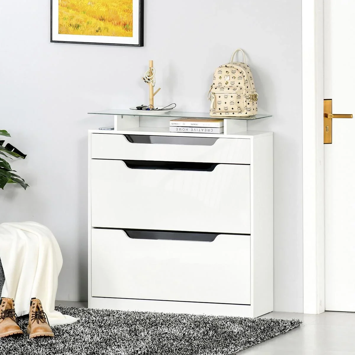 Schuhschrank Schuhregal mit 3 Schubladen Aufbewahrungsschrank Kippeimer mit Klapptür Glasplatte Verstellbares Regal Groß - 0