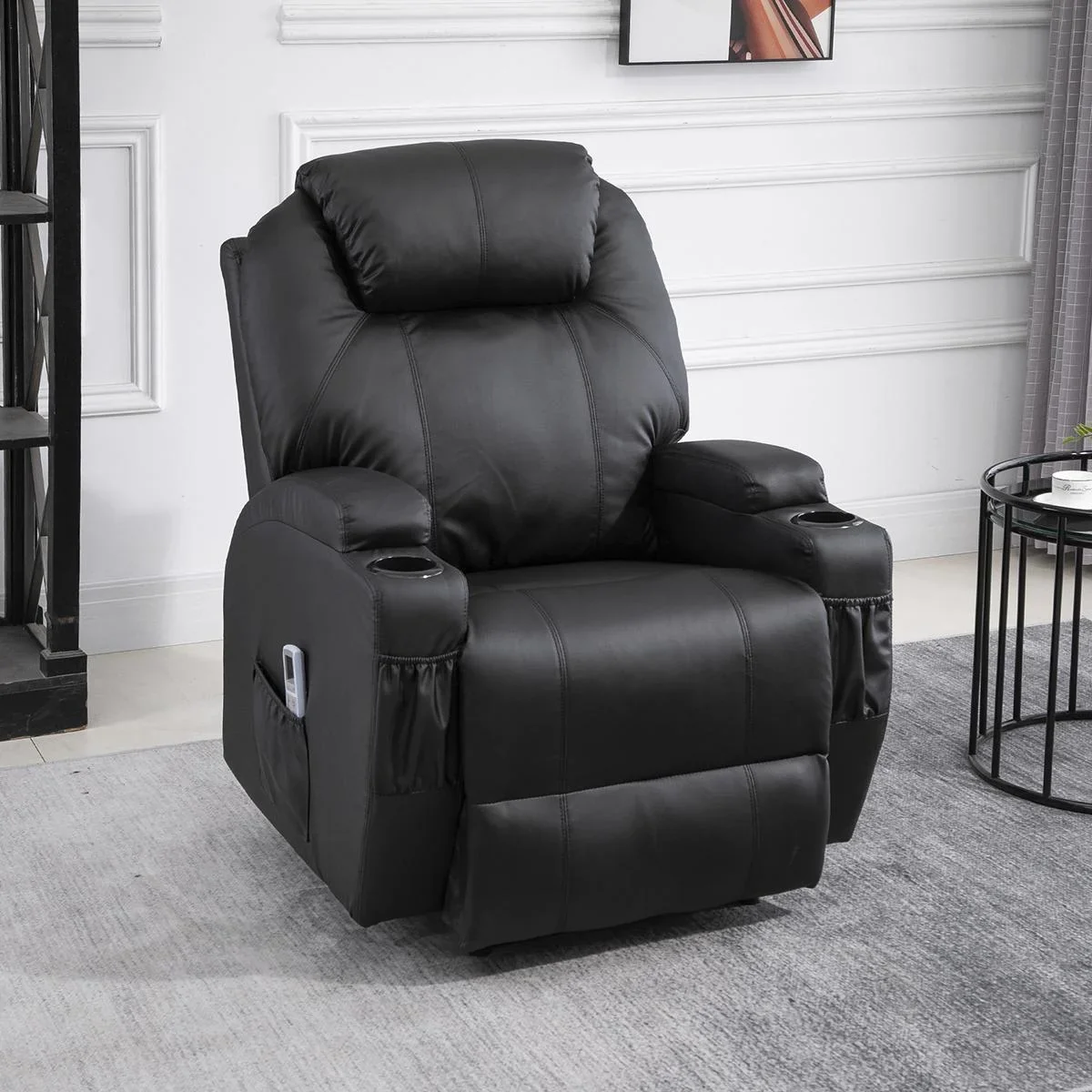 Massagesessel Relaxsessel Fernsehsessel Massagefunktion Liegefunktion Kunstleder Holz Metall Schaumstoff Schwarz - 2