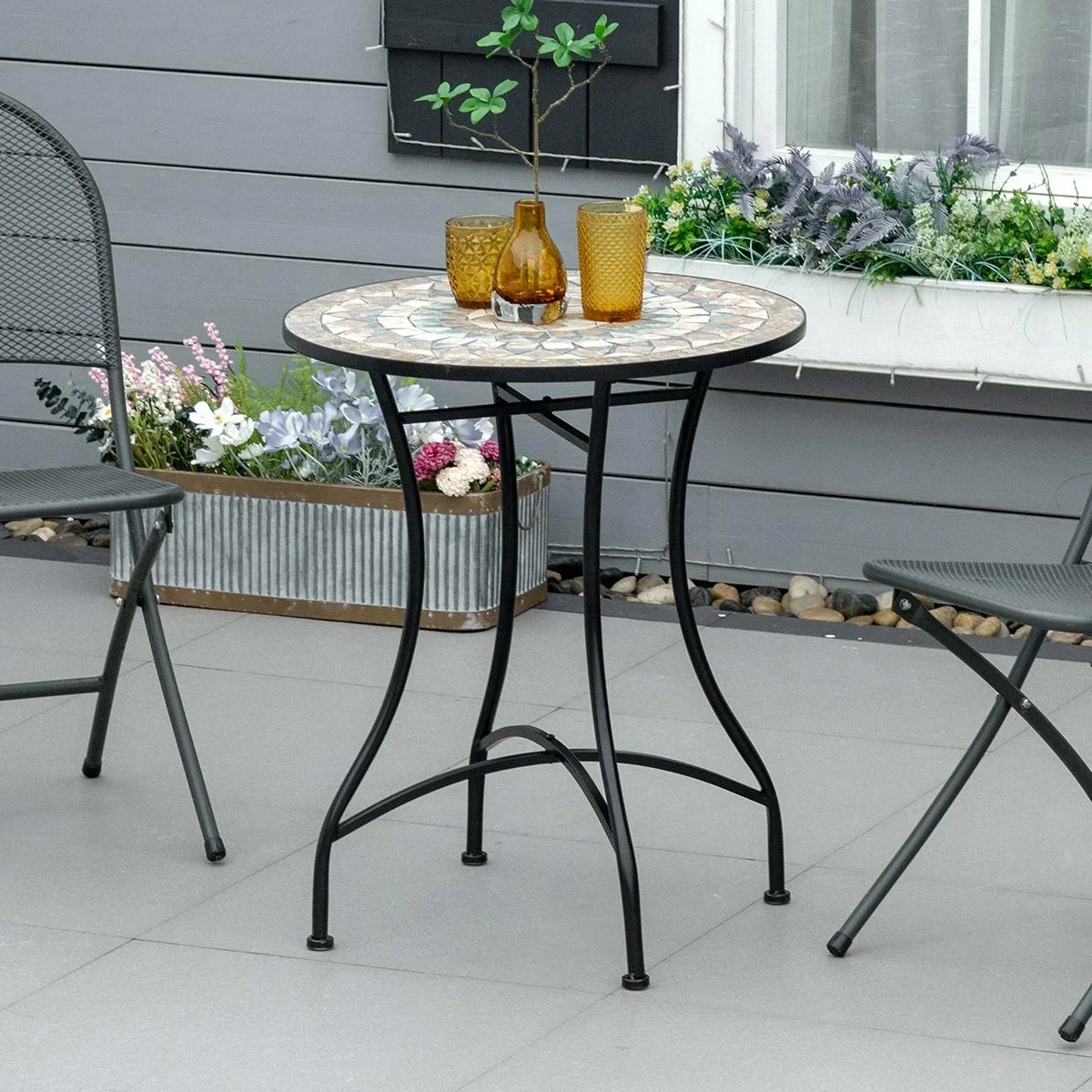 Bistro-Gartentisch in Mosaikoptik, Keramik+Metall, grün+beige+weiß, 60 x 71 cm - 0