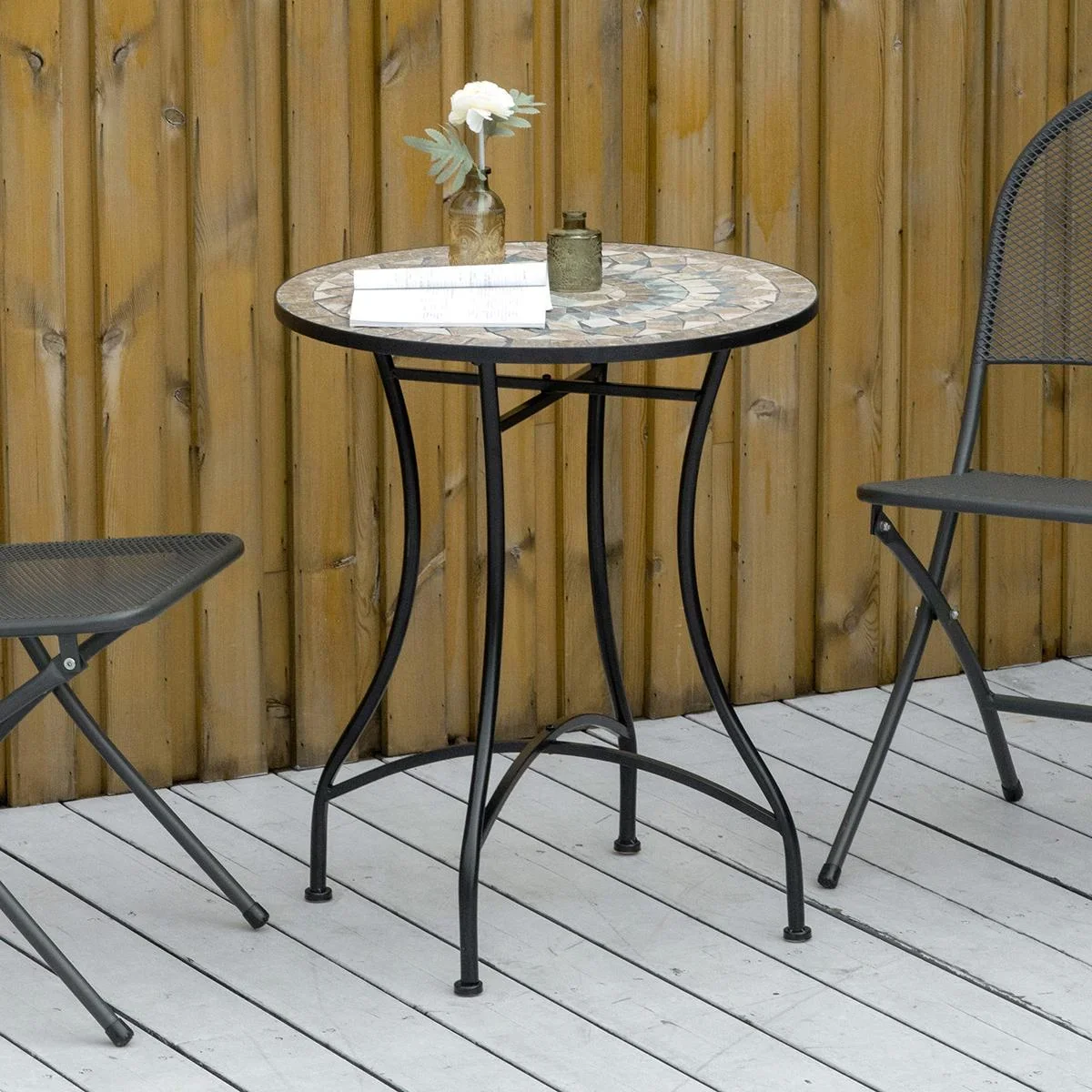 Bistro-Gartentisch in Mosaikoptik, Keramik+Metall, grün+beige+weiß, 60 x 71 cm - 1