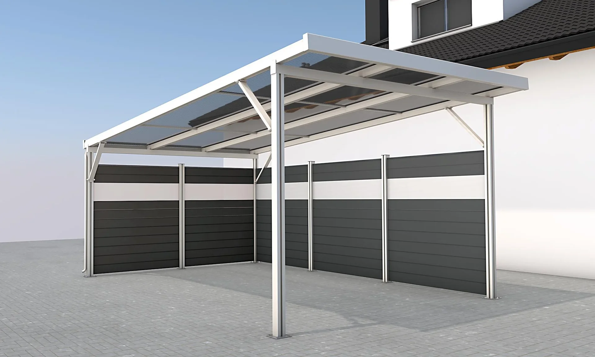 Seitenwand für Carports, weiß, 5,82 x 1,86 m, WPC Dielen dunkelgrau / PC Paneele klar - 0