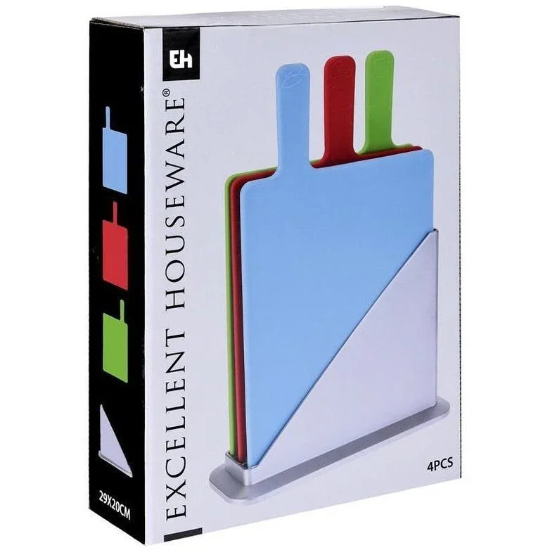 Excellent Houseware 4-teiliges Schneidebrett-Set mit Halter - Kunststoff - 24 x 30 x 0,5 cm - Spülmaschinenfest - 1