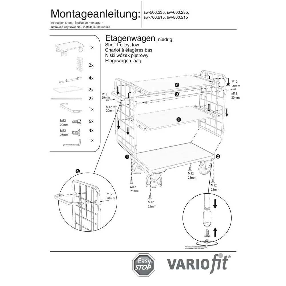 Paketwagen mit 2 Gitterwänden + 3 Böden 500 kg Traglast Typ L + EasySTOP-0