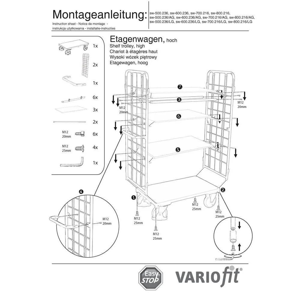 Paketwagen hoch mit 2 Gitterwänden + 4 Böden 500 kg Traglast Typ L + EasySTOP-1