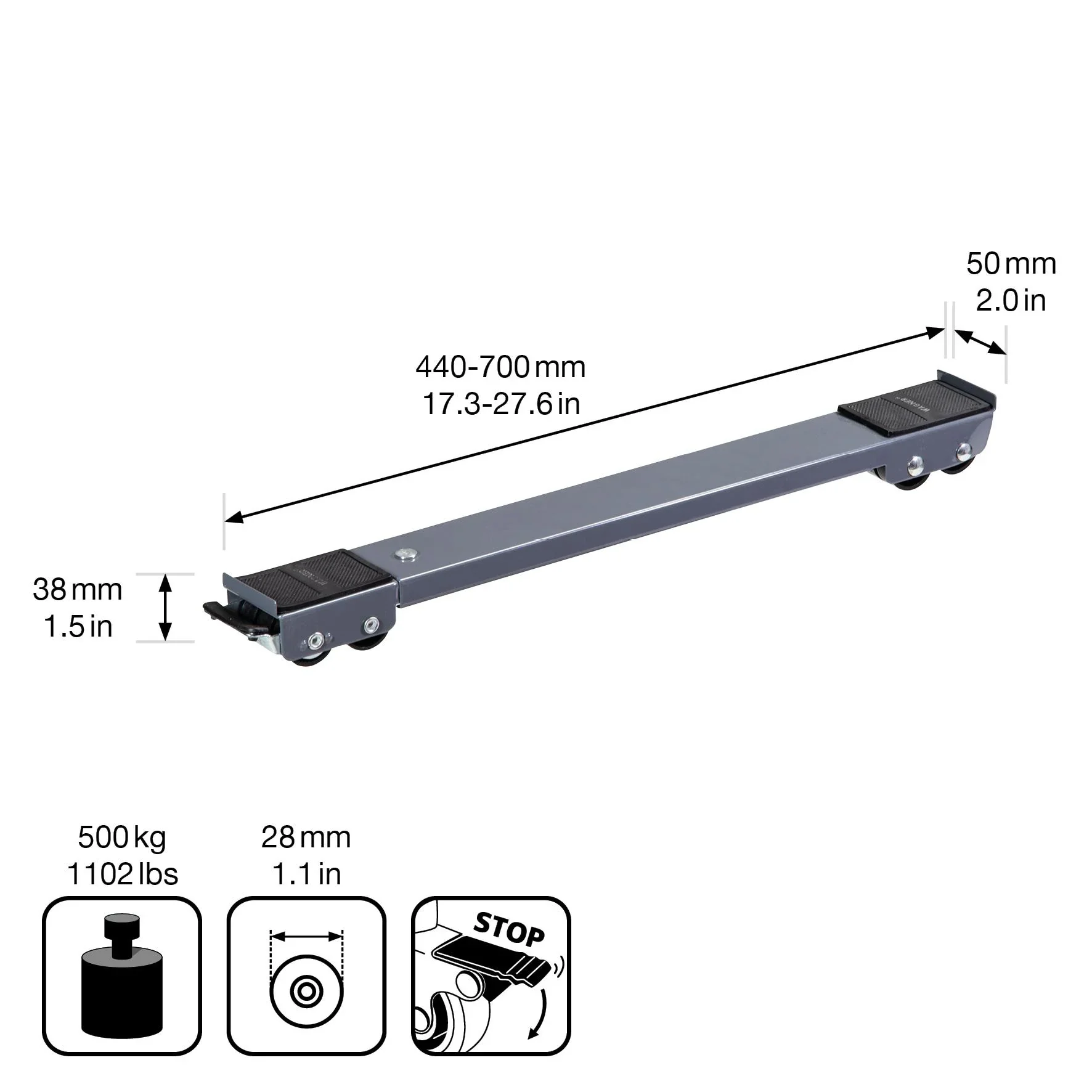 Transportschiene MM 1199 2 teilig, 45-70 cm, ausziehbar, 12 Bockrollen Ø 30 mm, Feststeller, Tragkraft 500 kg - 6