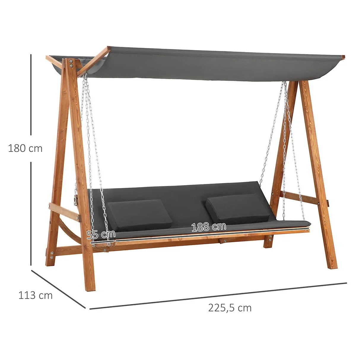 Gartenschaukel für 3 Personen, klappbar zum Doppelbett, grau+teak, 225,5 x 113 x 180 cm - 0