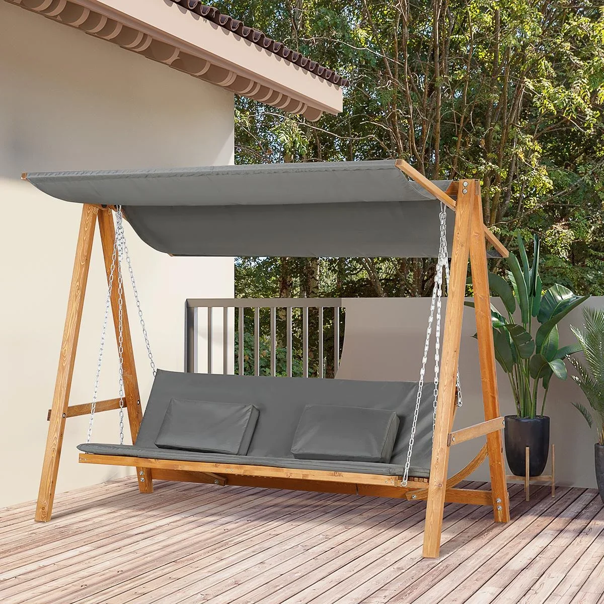 Gartenschaukel für 3 Personen, klappbar zum Doppelbett, grau+teak, 225,5 x 113 x 180 cm - 3