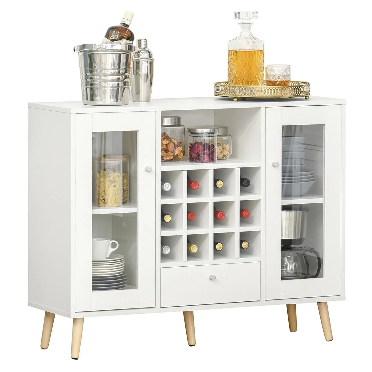 Küchenschrank Sideboard küchenmöbel mit Glastüren Schublade und 12-Flaschen Weinregal für Wohnzimmer und Küche Spanplat - 0