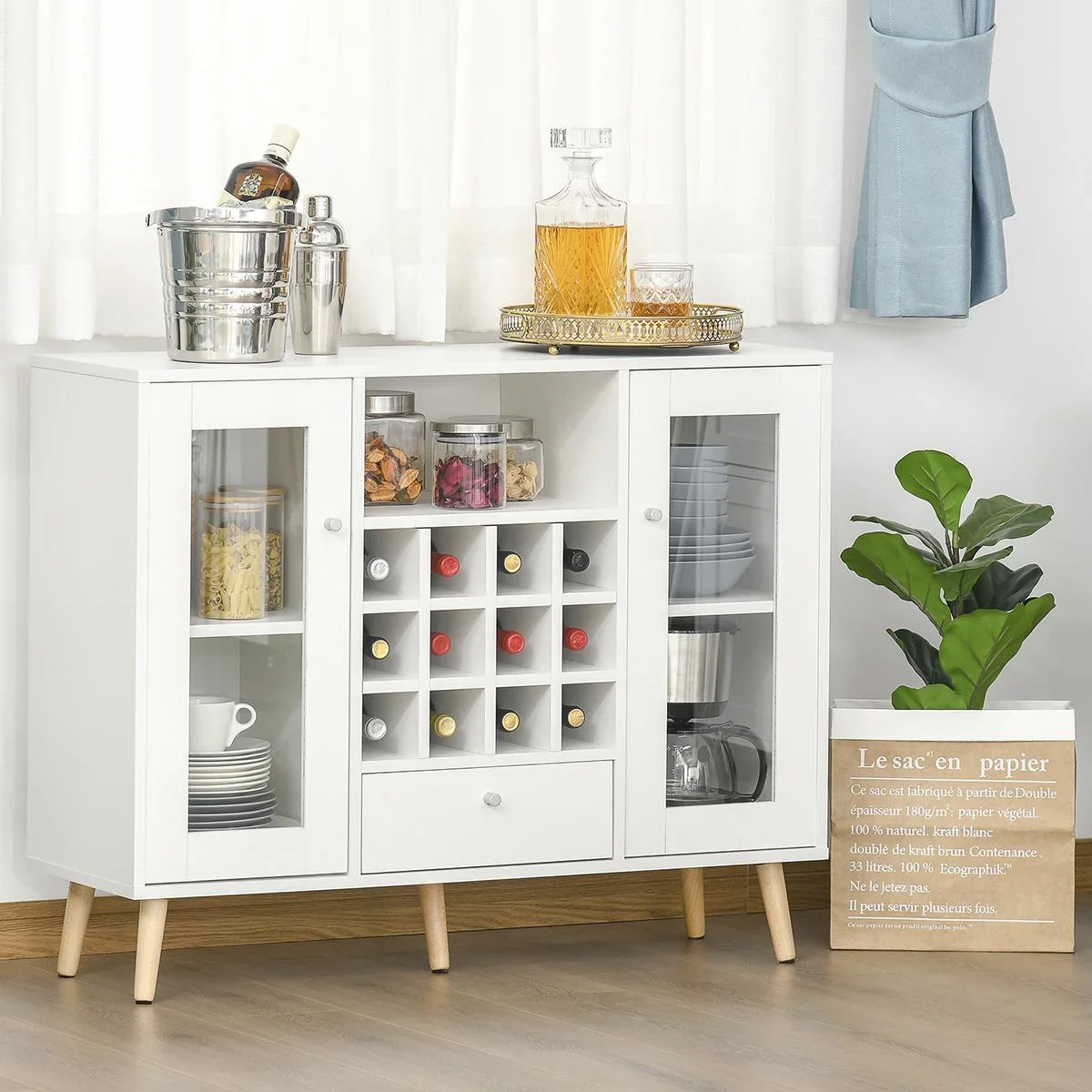 Küchenschrank Sideboard küchenmöbel mit Glastüren Schublade und 12-Flaschen Weinregal für Wohnzimmer und Küche Spanplat - 1