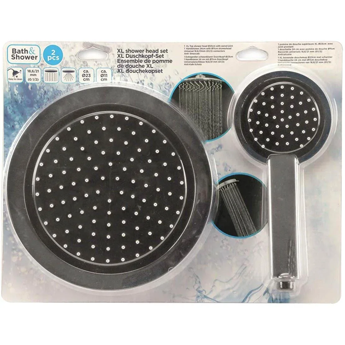 Duschkopf-Set XL - Chrom - 2-teilig - Kopf Ø 23x10cm - Hand 10x9cm - 1