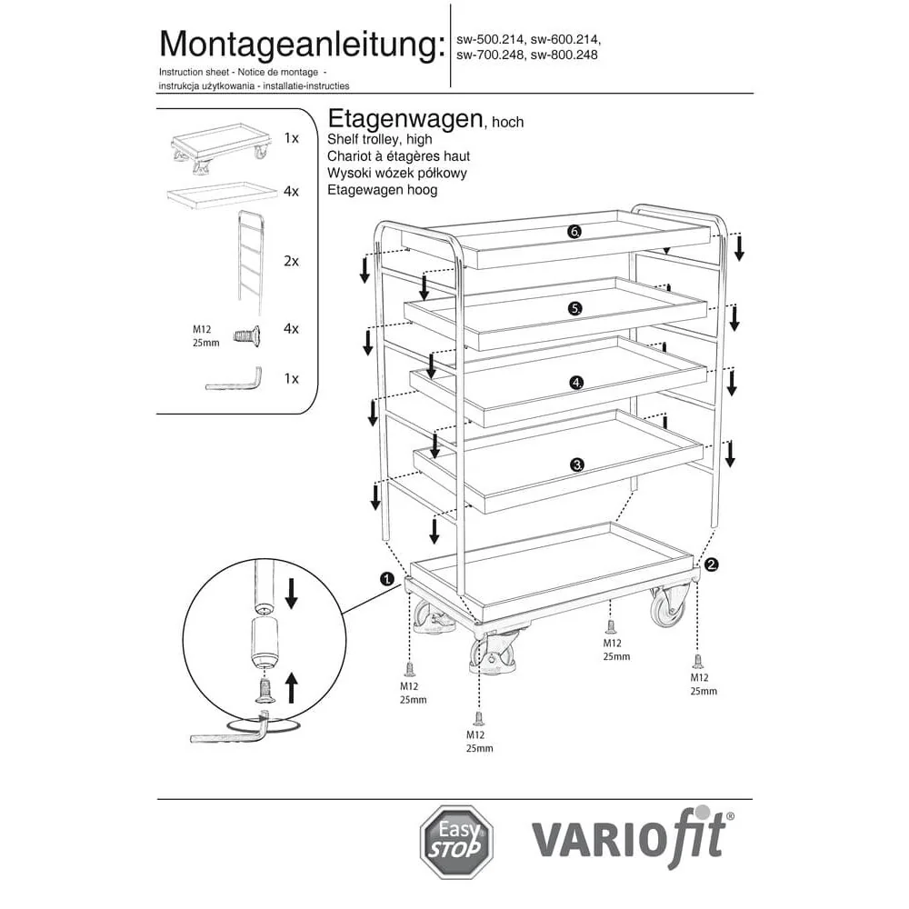 Etagenwagen hoch 5 Tabletts 250 kg Traglast Typ L + EasySTOP-1