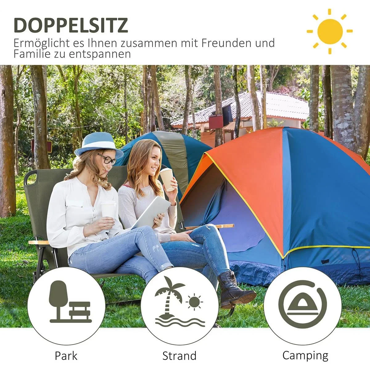 Campingstuhl 2-Sitzer klappbar tragbar Gartenstuhl Regiestuhl Klappstuhl mit Getränkehalter für Outdoor Picknick Wandern - 0