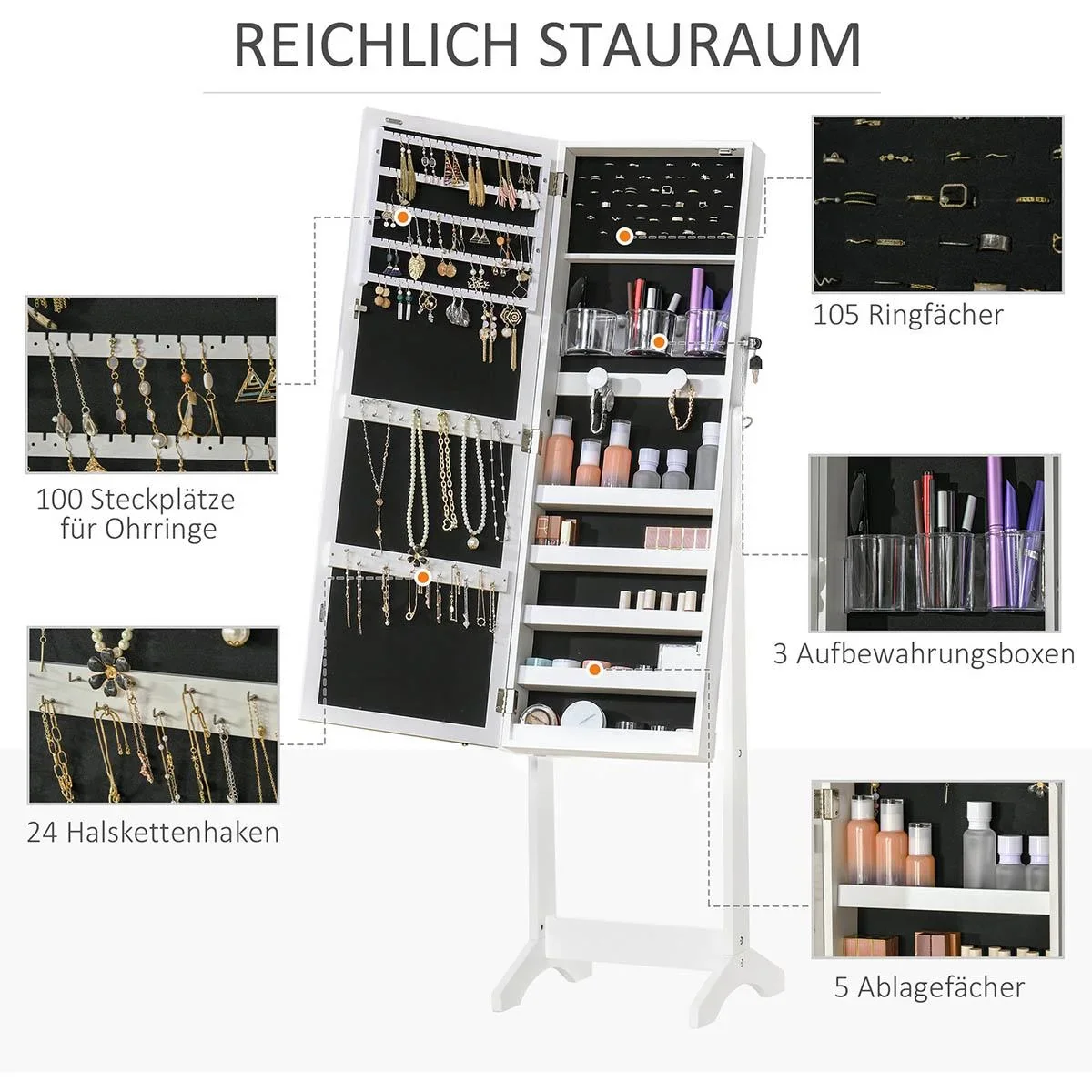 Schmuckschrank mit LED Spiegelschrank Schmuckregal Schmuckorganizer Standspiegel mit 4 Ablagen 46 x 36,5 x 151,5 cm - 0