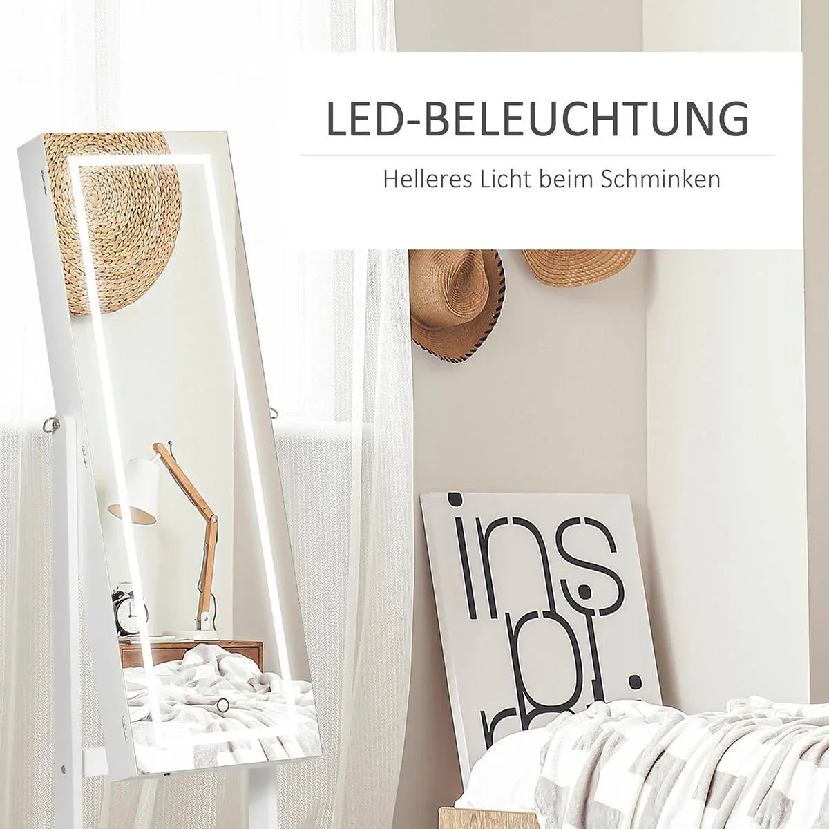 Schmuckschrank mit LED Spiegelschrank Schmuckregal Schmuckorganizer Standspiegel mit 4 Ablagen 46 x 36,5 x 151,5 cm - 3