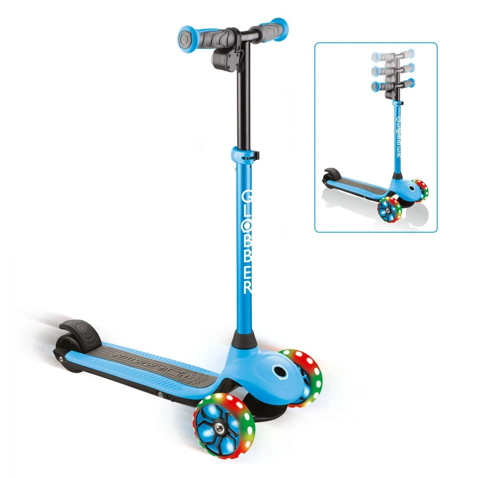 ONE K E-MOTION 4 PLUS, E-Scooter, Lithium-Batterie, 80 W Motor, 125/90 mm, 3-rädrig, LED-Rollen, hellblau - 2