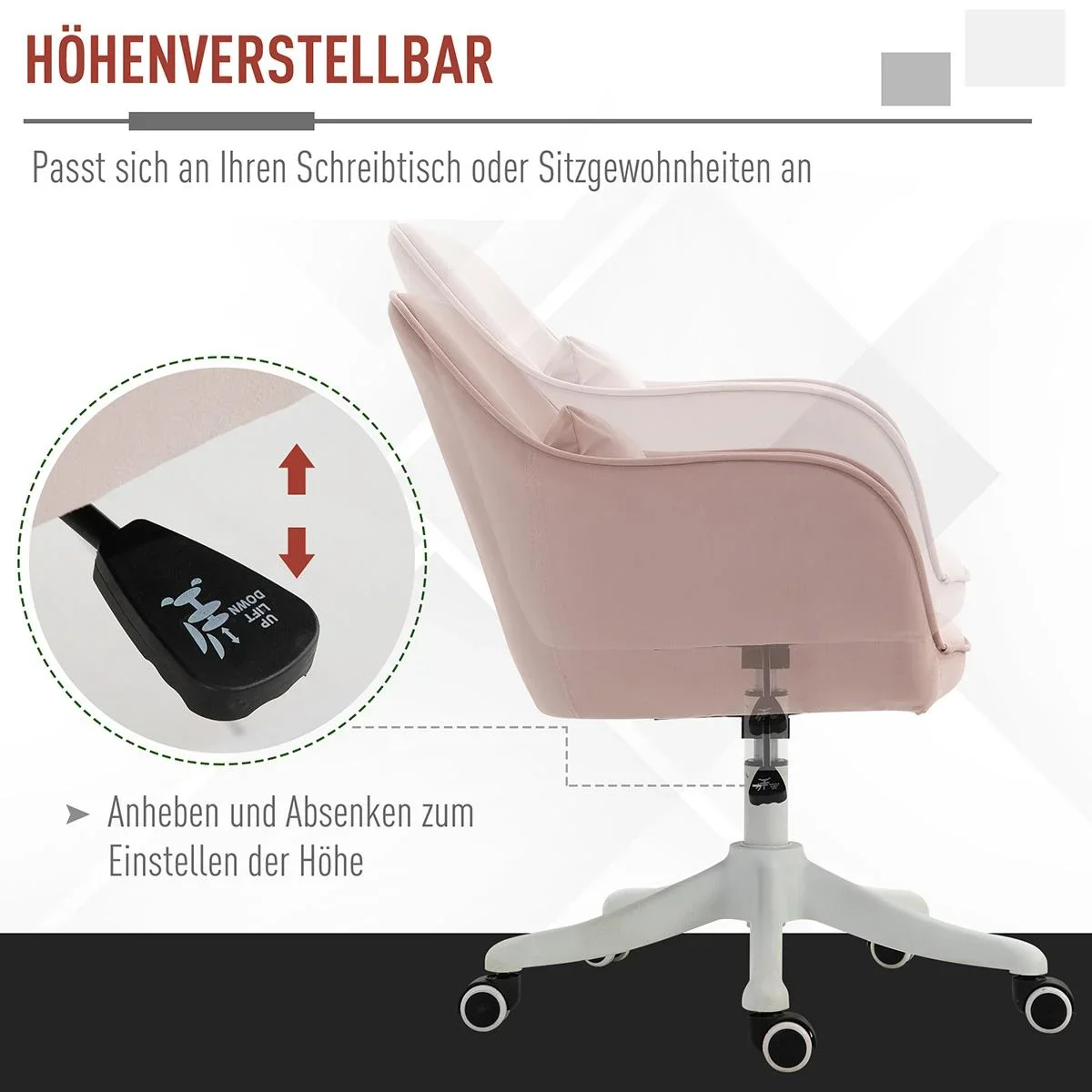 Massage Bürostuhl mit Vibrationsfunktion Lendenkissen Armlehnen höhenverstellbar Samt Rosa 55 x 65 x 79-89 cm - 1