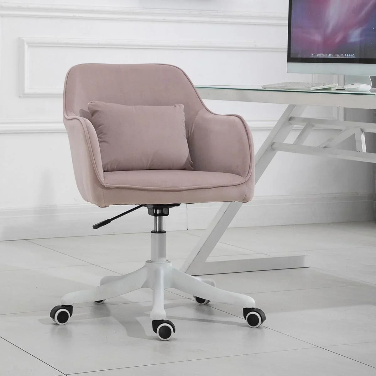 Massage Bürostuhl mit Vibrationsfunktion Lendenkissen Armlehnen höhenverstellbar Samt Rosa 55 x 65 x 79-89 cm - 2