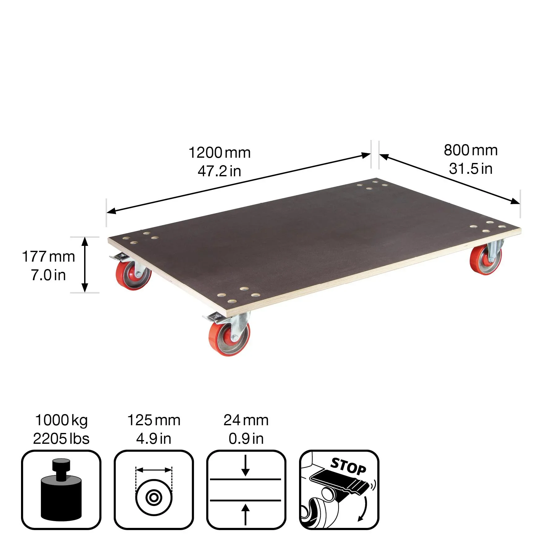 Transporthilfe MM 1349, 120 x 80 x 18 cm, harte Rollen Ø 125 mm Rollenlager, 2 Bremsen, Platte FSC®, Tragkraft 1.000 kg - 0