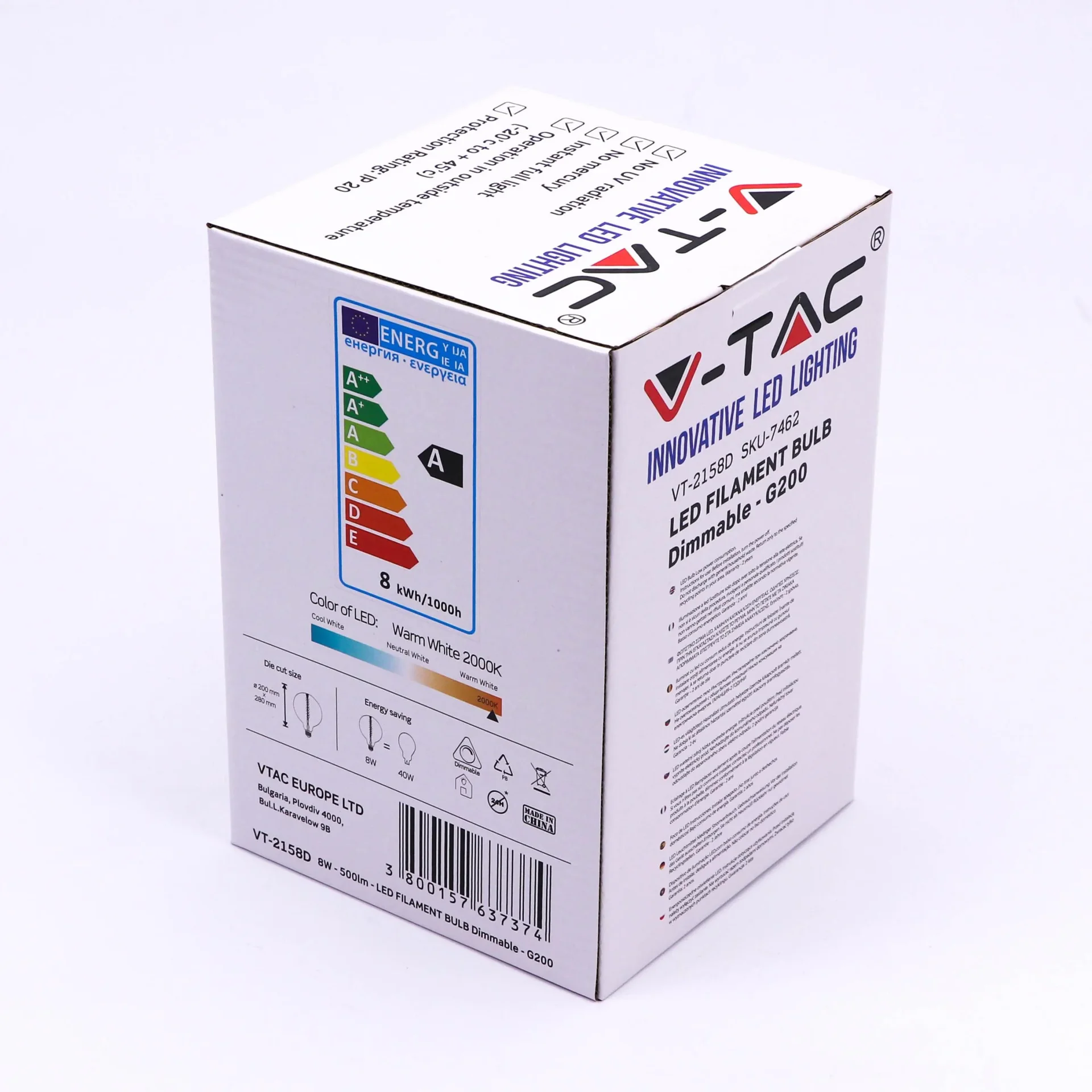 VT-2158D XXL Dimmbare Design-LED-Glühlampe - 8W - 2000K - E27 Fassung - G200 LED - 0