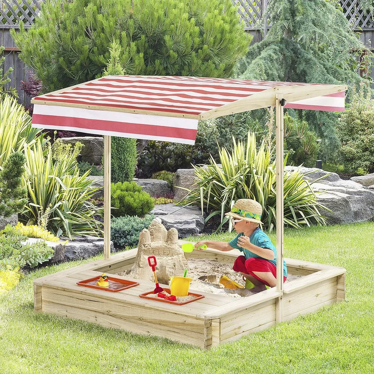 Sandkasten Holz Bodenloses Design mit absenkbarem und schwenkbarem Dach für 3-8 Jahre Kinder Natur 118 x 118 x 118 cm - 3