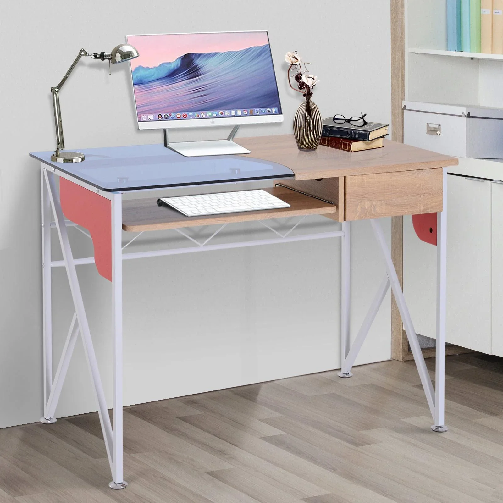 Computertisch Schreibtisch mit Tastaturauszug Schublade Arbeitstisch Metall + Hartglas 105 x 55 x 75 cm - 5