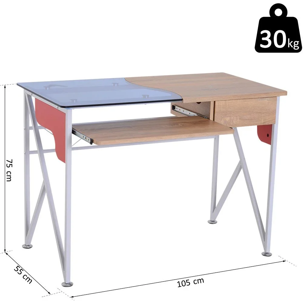 Computertisch Schreibtisch mit Tastaturauszug Schublade Arbeitstisch Metall + Hartglas 105 x 55 x 75 cm - 6