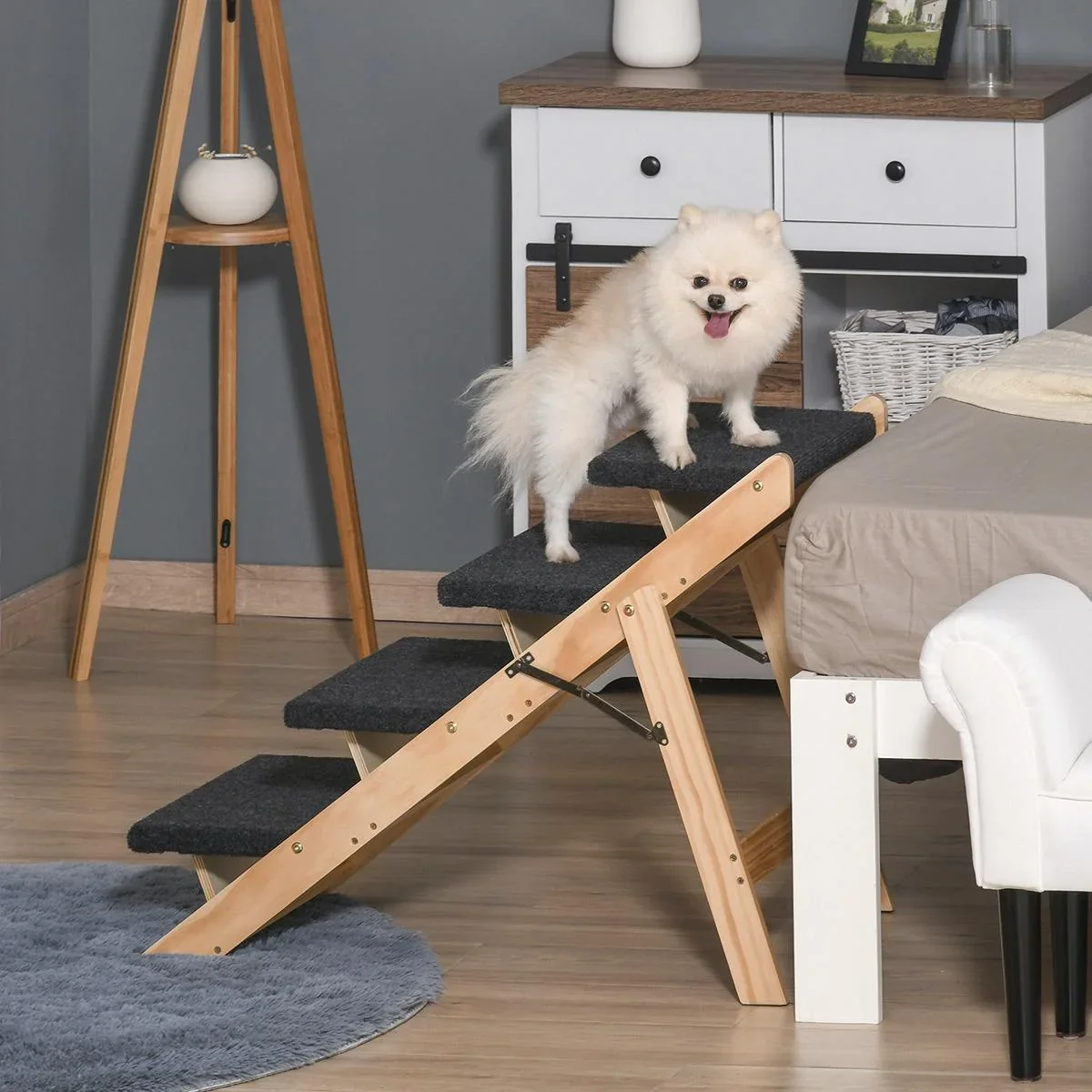 Haustiertreppe 2-in1 Hunderampe Katzentreppe Hundetreppe Faltbar Tiertreppe Kiefernholz Natur+Schwarz 80 x 47 x 64 cm - 1