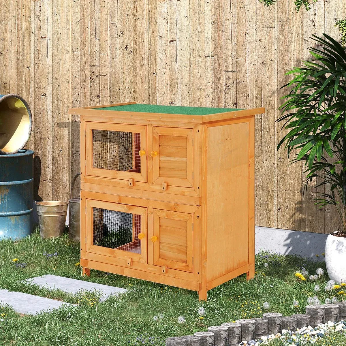 Zwergkaninchenstall doppelstöckig Kaninchenkäfig Kleintierstall Tierstall Outdoor Holz Gelb 90 x 45 x 90 cm - 0