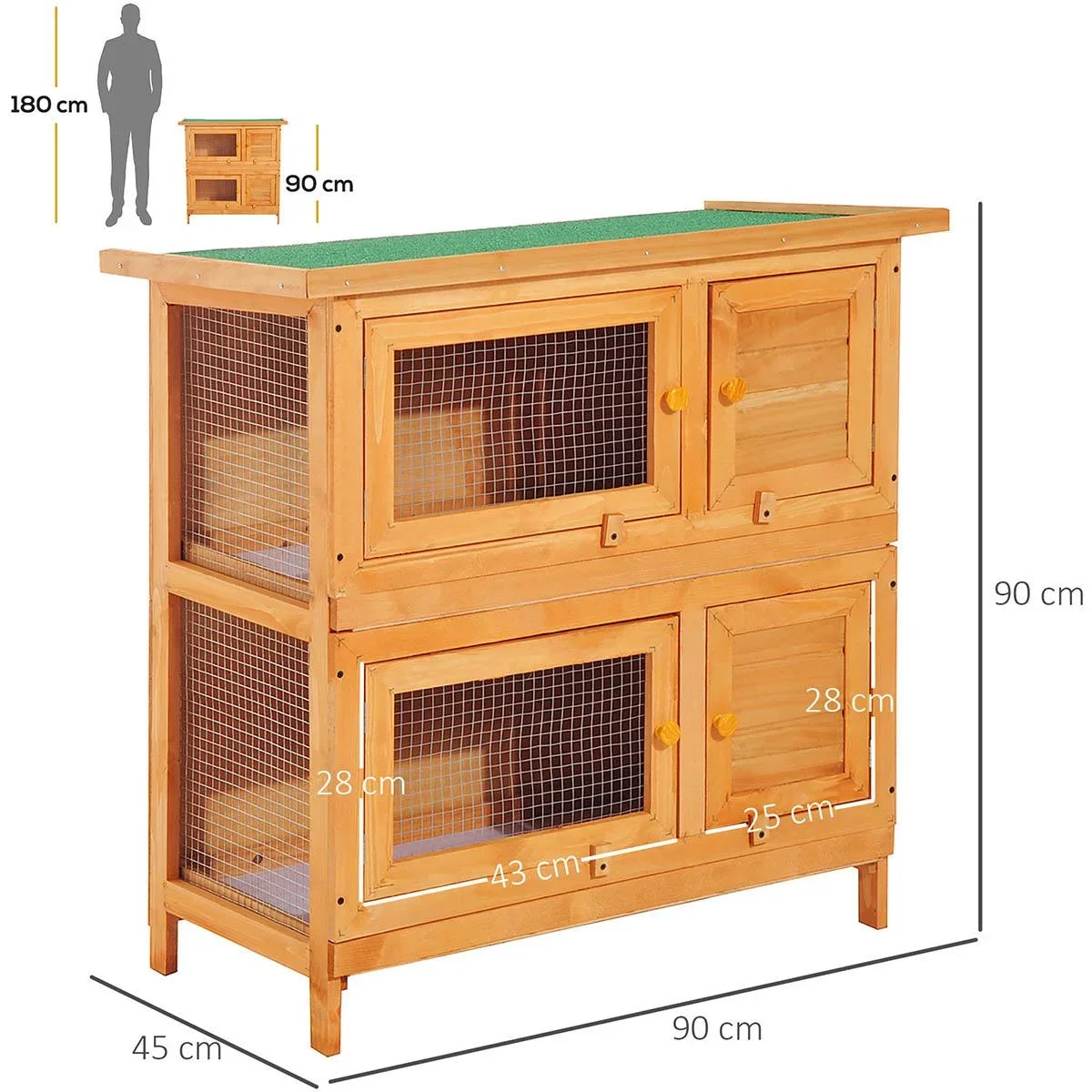 Zwergkaninchenstall doppelstöckig Kaninchenkäfig Kleintierstall Tierstall Outdoor Holz Gelb 90 x 45 x 90 cm - 1