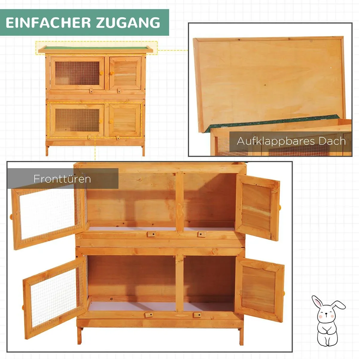 Zwergkaninchenstall doppelstöckig Kaninchenkäfig Kleintierstall Tierstall Outdoor Holz Gelb 90 x 45 x 90 cm - 2