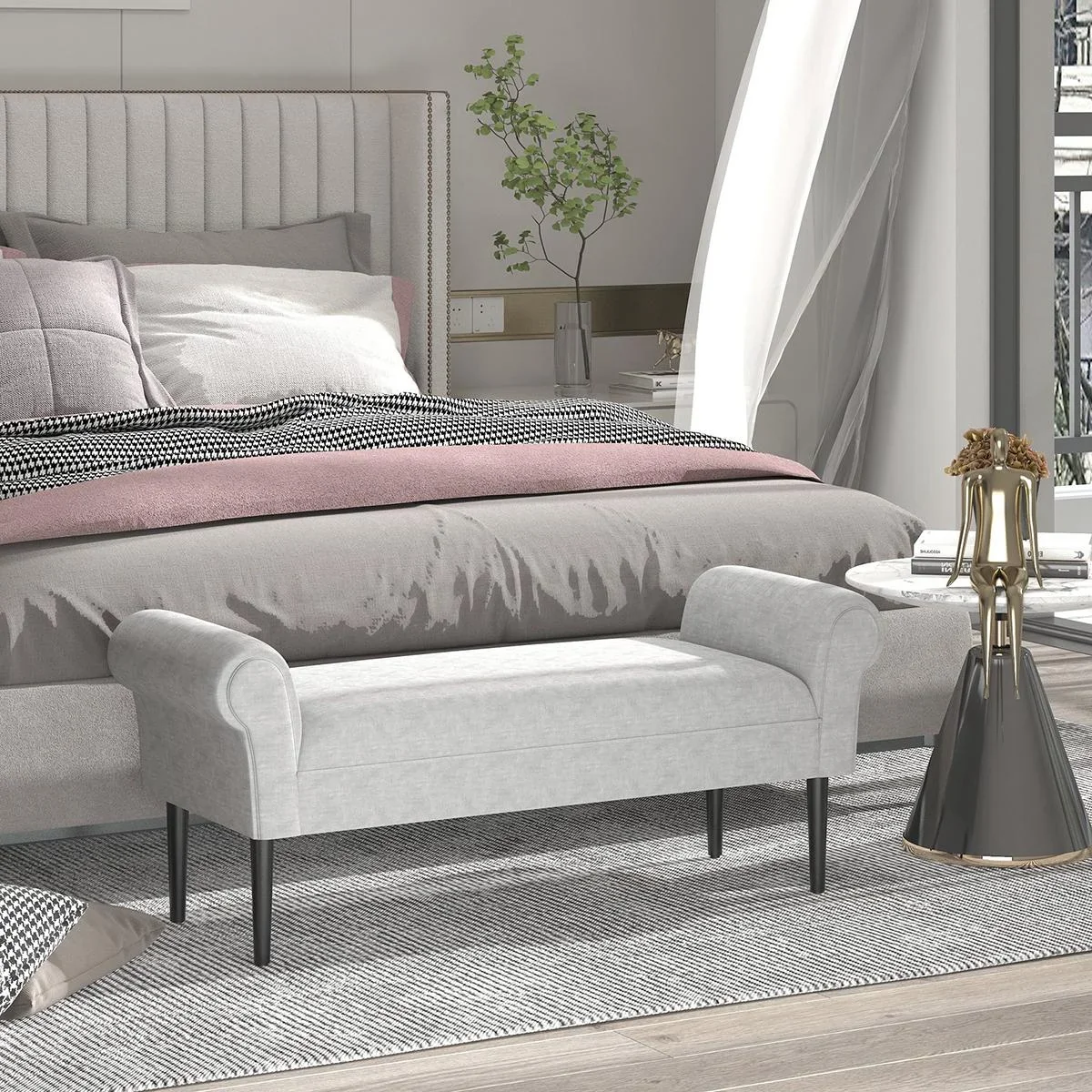 Polsterbank Sitzbank Lounge Sitzhocker Flurbank Bettbank elegant mit gerollten Seiten Leinenstoff Schaumstoff Polyester - 2