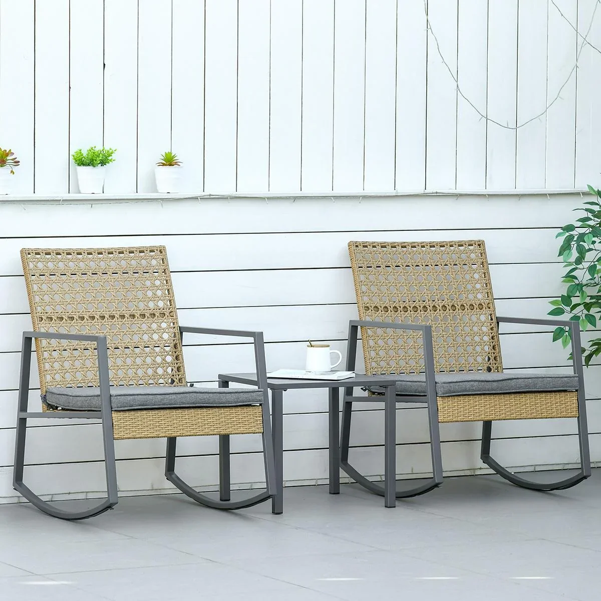 Rattan-Schaukelstuhl 3 teilige Bistroset 2 Stühle 1 Tisch mit Kissen Stahl für Gärten Terrassen Außenbereich Terrassenmö - 2
