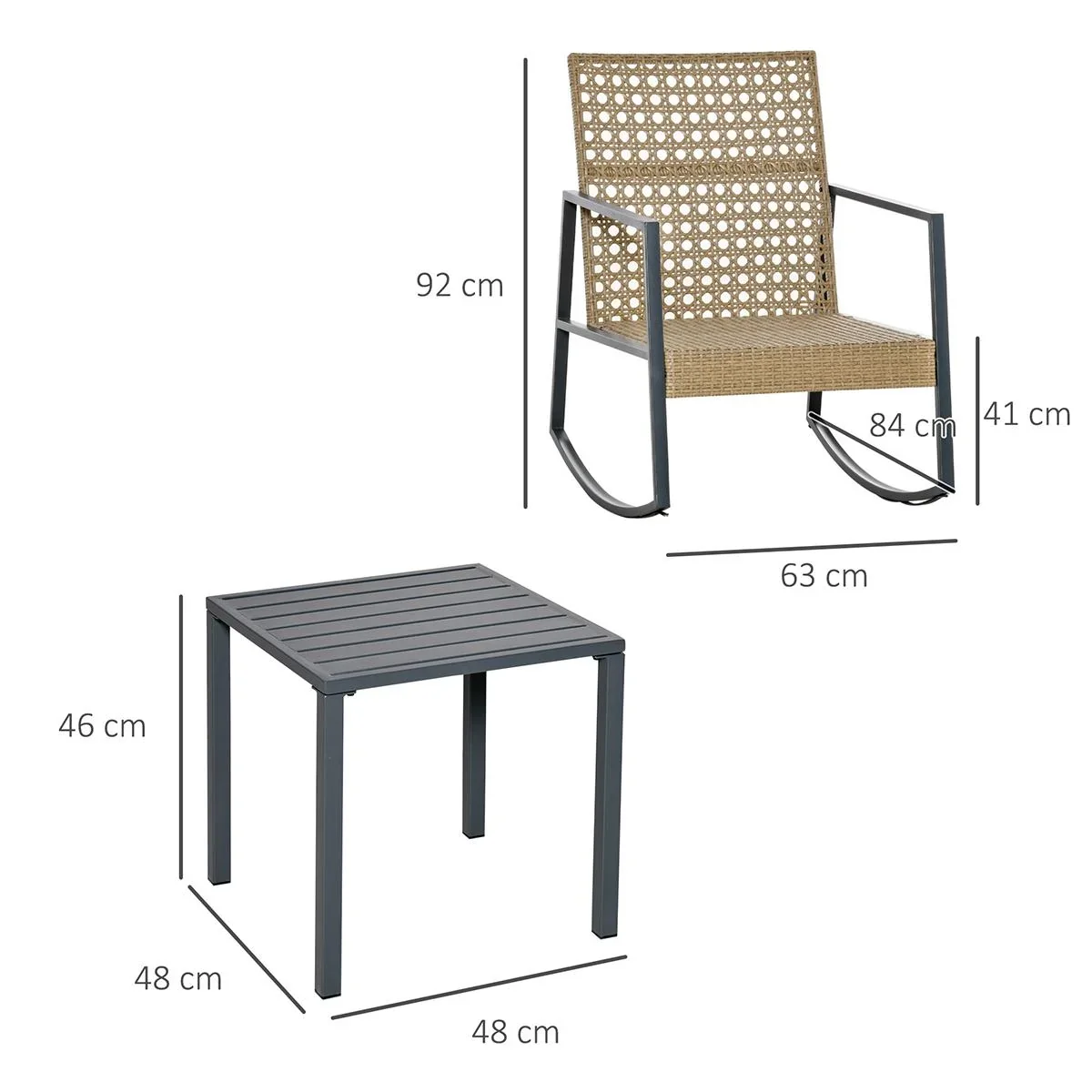 Rattan-Schaukelstuhl 3 teilige Bistroset 2 Stühle 1 Tisch mit Kissen Stahl für Gärten Terrassen Außenbereich Terrassenmö - 3