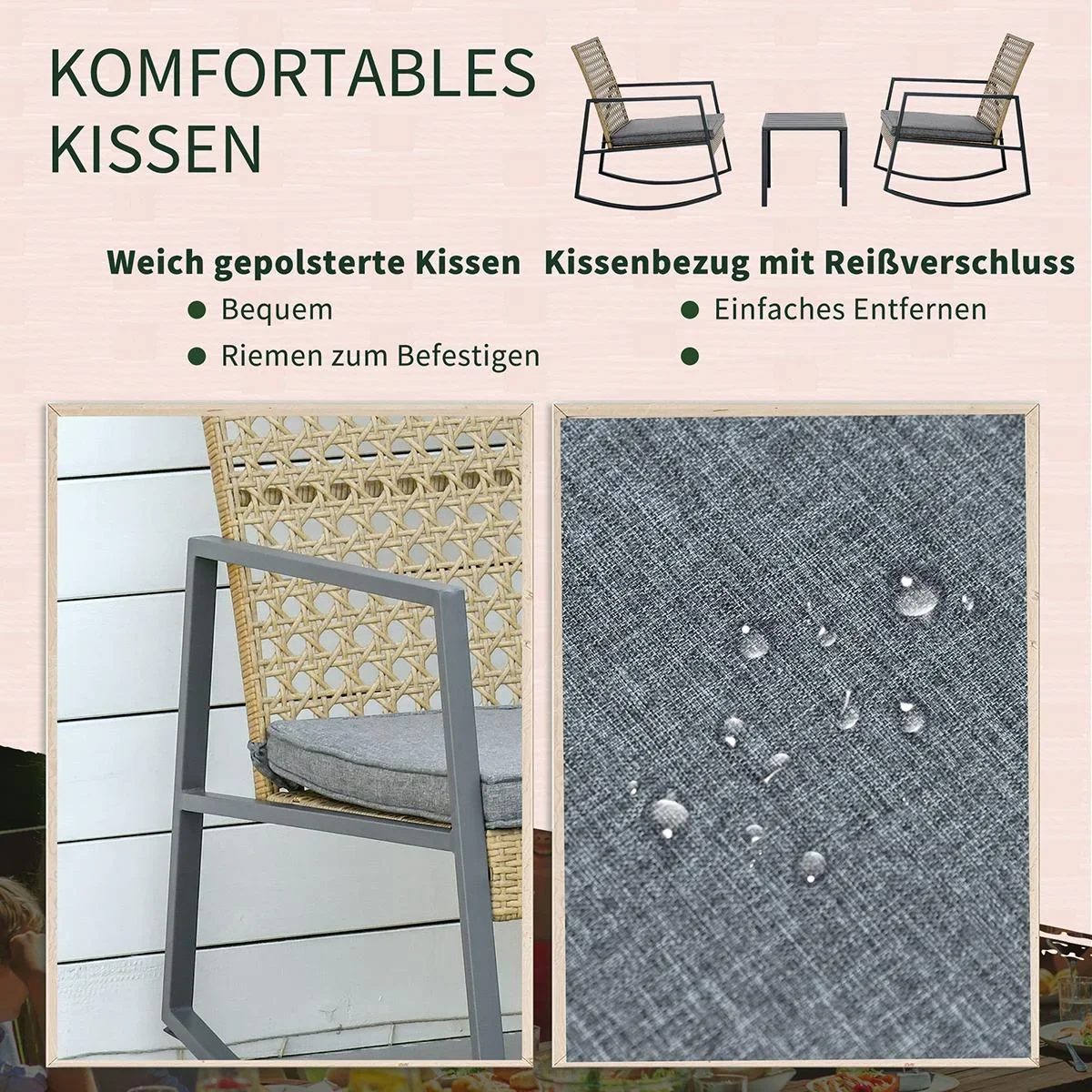 Rattan-Schaukelstuhl 3 teilige Bistroset 2 Stühle 1 Tisch mit Kissen Stahl für Gärten Terrassen Außenbereich Terrassenmö - 4