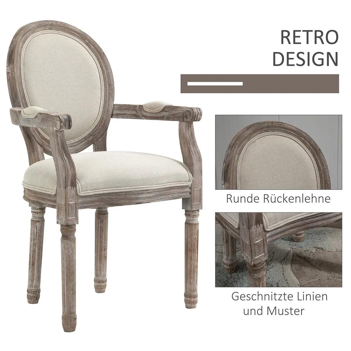 Esszimmerstuhl Retro-Design Küchenstuhl mit Armlehnen Polsterstuhl für Wohnzimmer Gummiholz Cremeweiß+ helle Holzfarbe 5 - 0