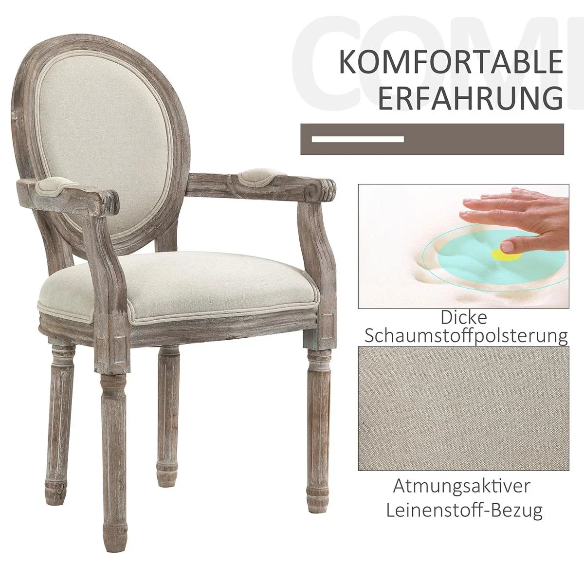 Esszimmerstuhl Retro-Design Küchenstuhl mit Armlehnen Polsterstuhl für Wohnzimmer Gummiholz Cremeweiß+ helle Holzfarbe 5 - 1