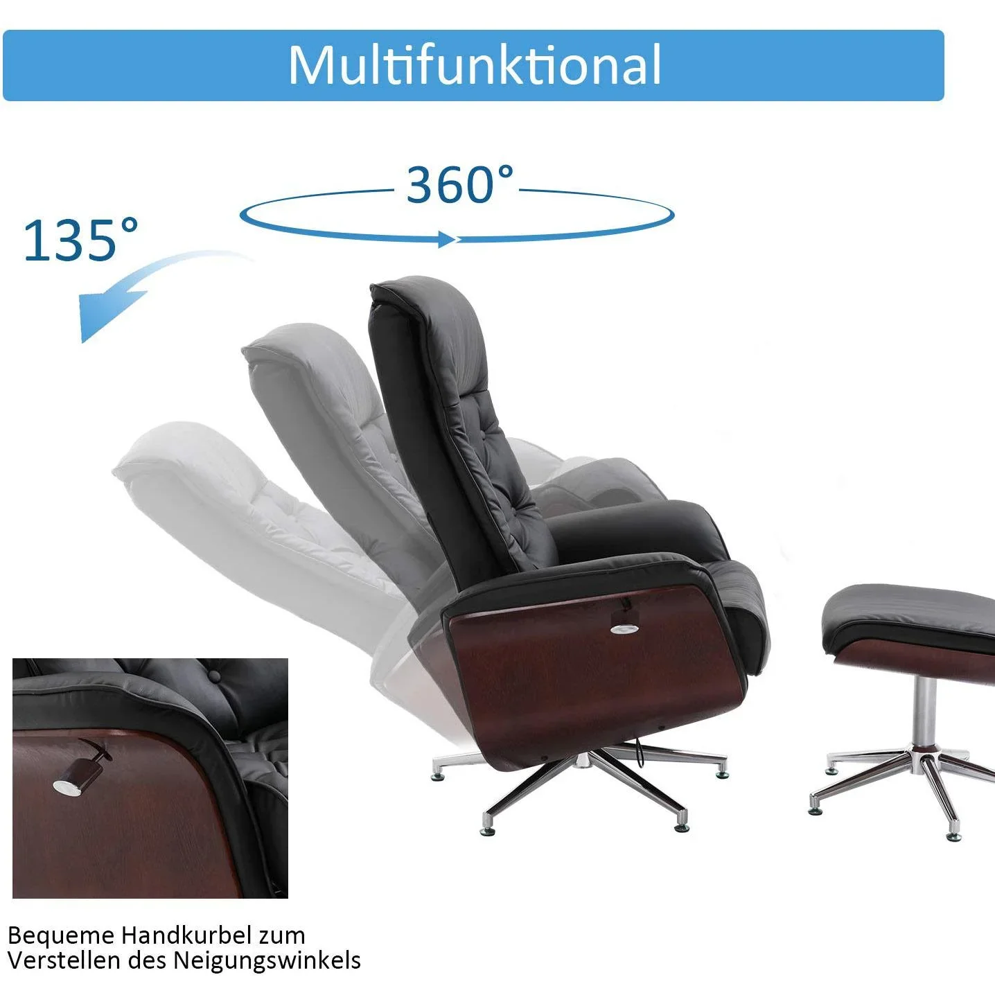 Relaxsessel mit Hocker Fernsehsessel Polstersessel PU-Bezug Holzverkleidung Metallfuß Schwarz 82 x 83 x 110 cm - 1