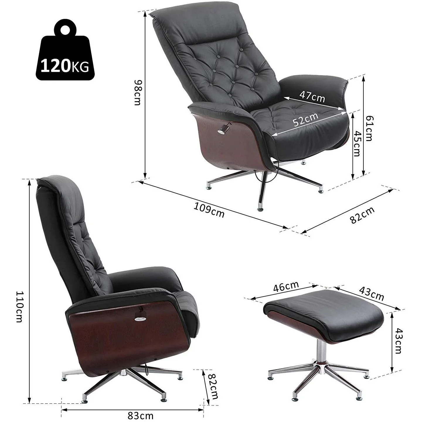 Relaxsessel mit Hocker Fernsehsessel Polstersessel PU-Bezug Holzverkleidung Metallfuß Schwarz 82 x 83 x 110 cm - 2