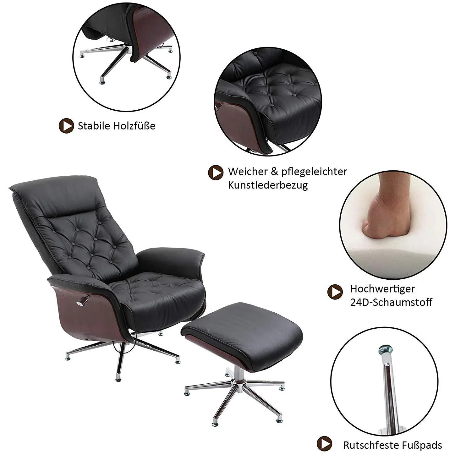 Relaxsessel mit Hocker Fernsehsessel Polstersessel PU-Bezug Holzverkleidung Metallfuß Schwarz 82 x 83 x 110 cm - 3